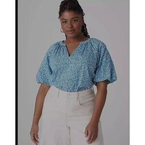 Lane Bryant Blue Floral Puff Sleeve Blouse Top Cotton Summer Boho Garden 20